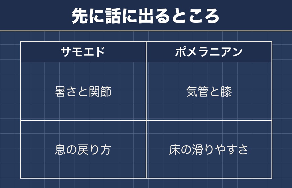 サモエドとポメラニアンで気をつけたい体の部分が違う