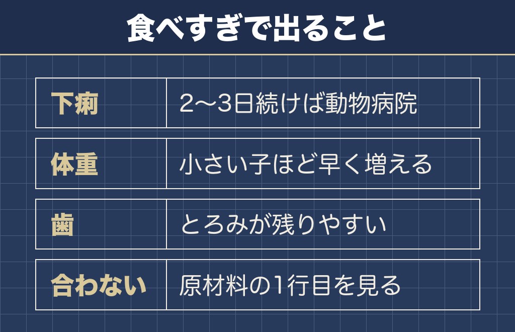 チュールの食べすぎで出てくるのは下痢と肥満と歯の汚れ